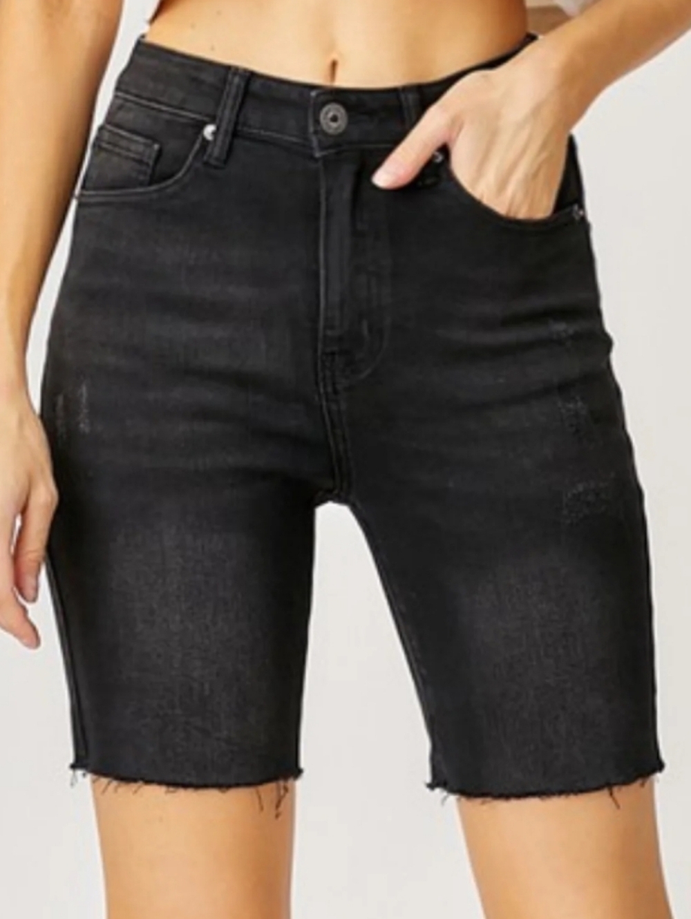 Risen Black Mid Length Raw Hem Shorts New Size S